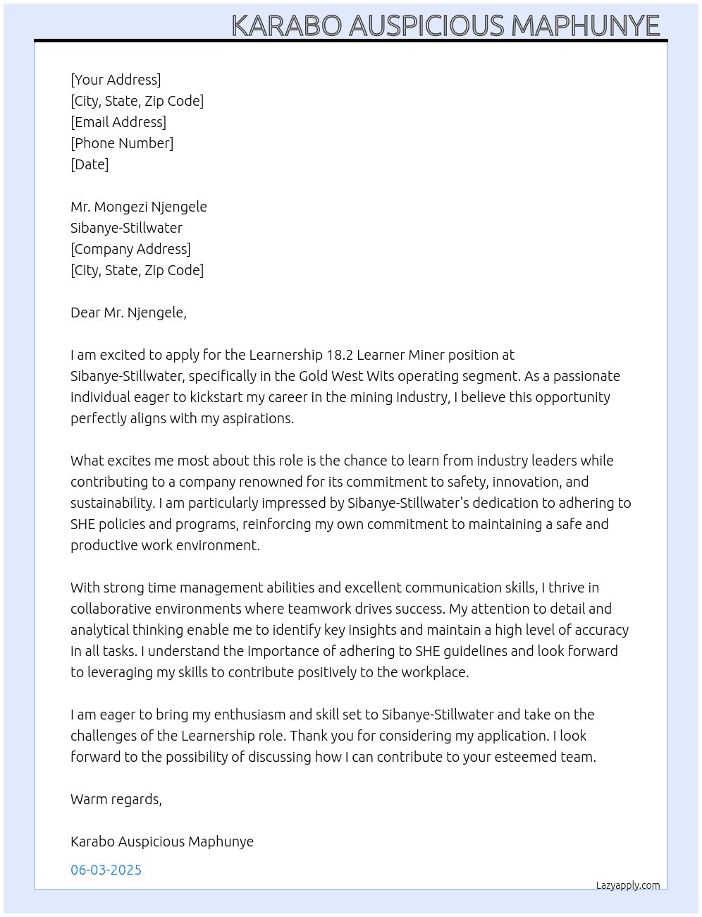 Learnership 18.2 Learner Miner At Sibanye-Stillwater Cover Letter