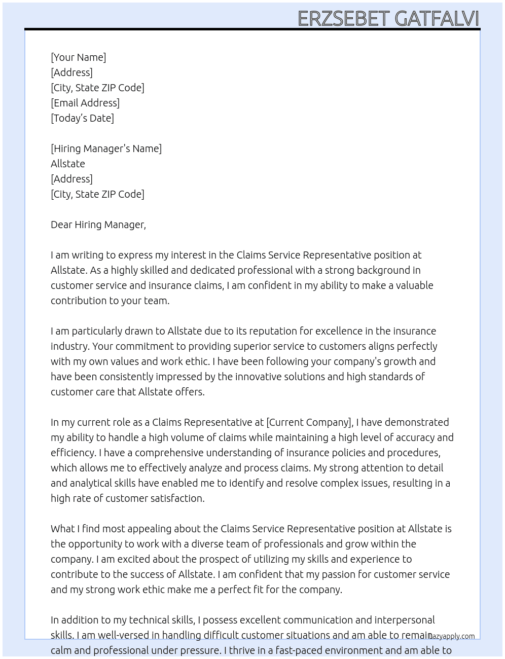 claims Service Representative At Allstate Cover Letter