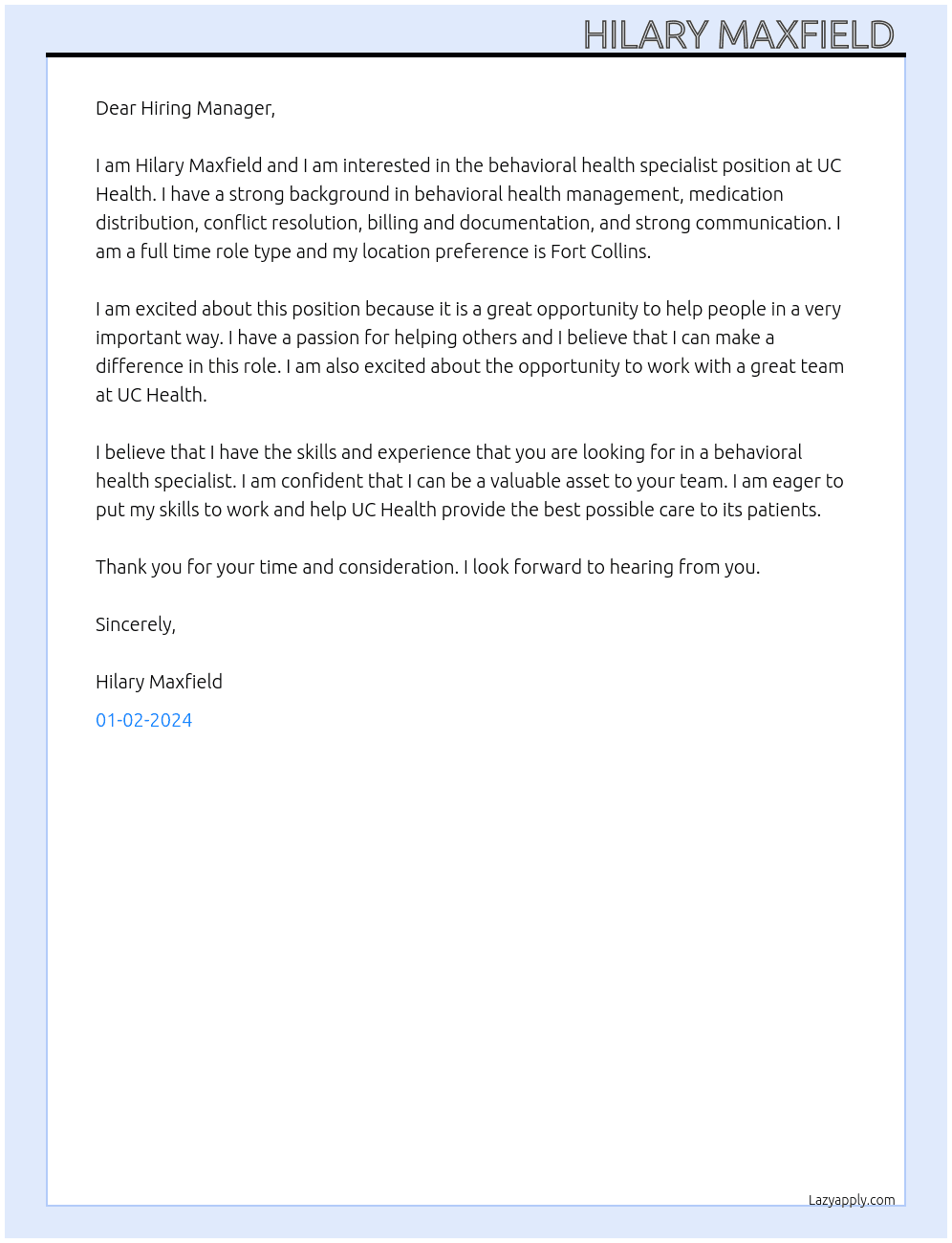 Behavioral health specialist  At UC Health  Cover Letter