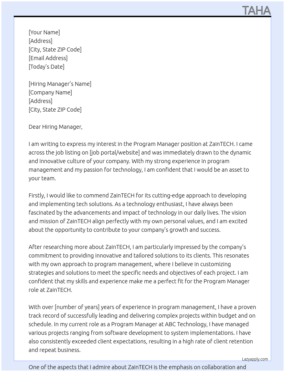 Program Manager At ZainTECH Cover Letter