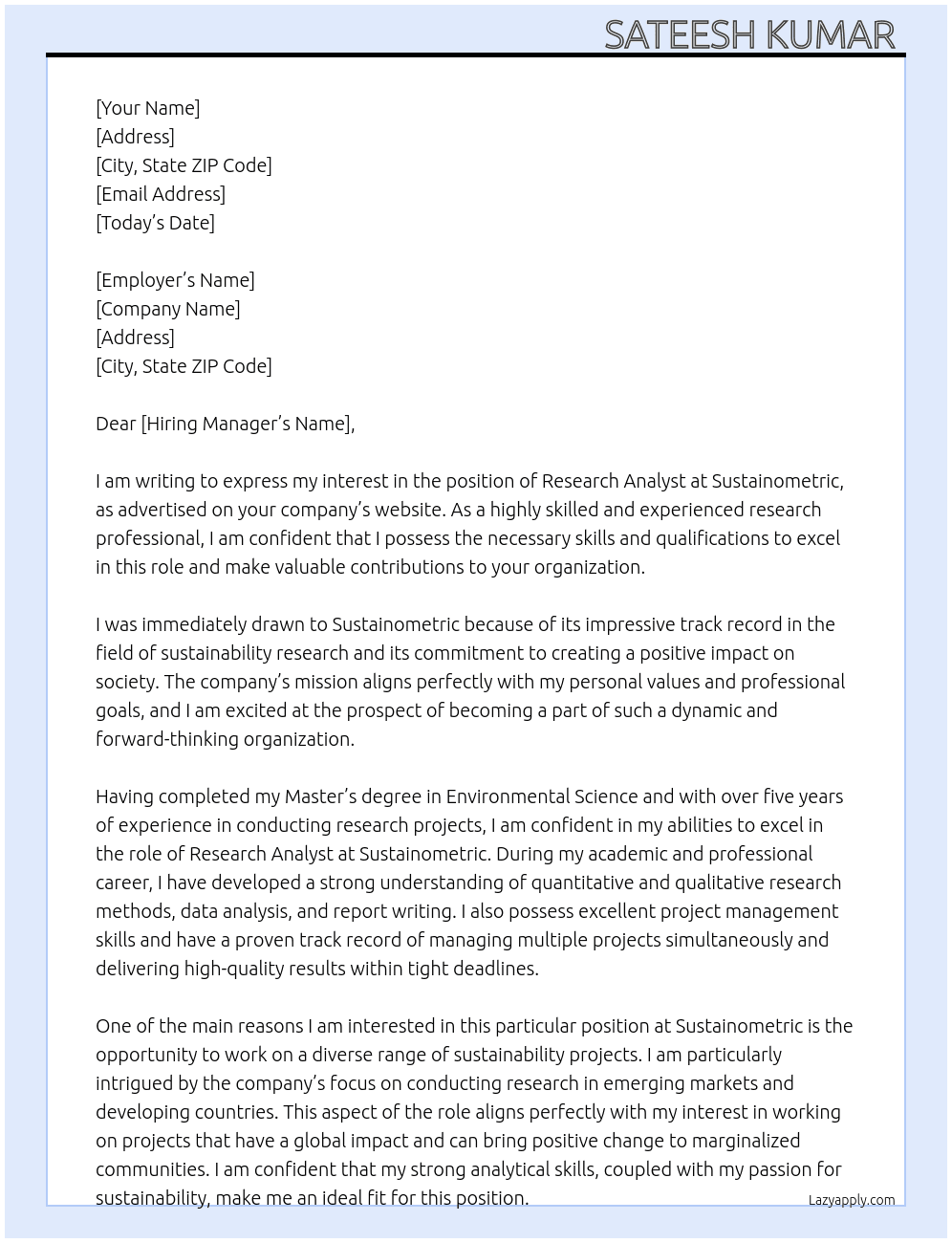 Research Analyst  At Sustainometric Cover Letter