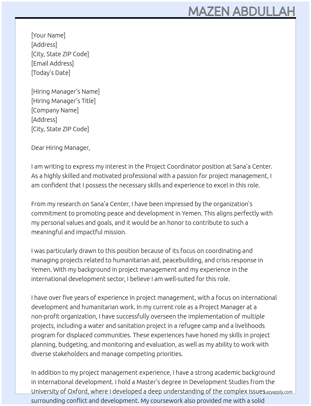 Project Coordinator At Sana'a Center Cover Letter