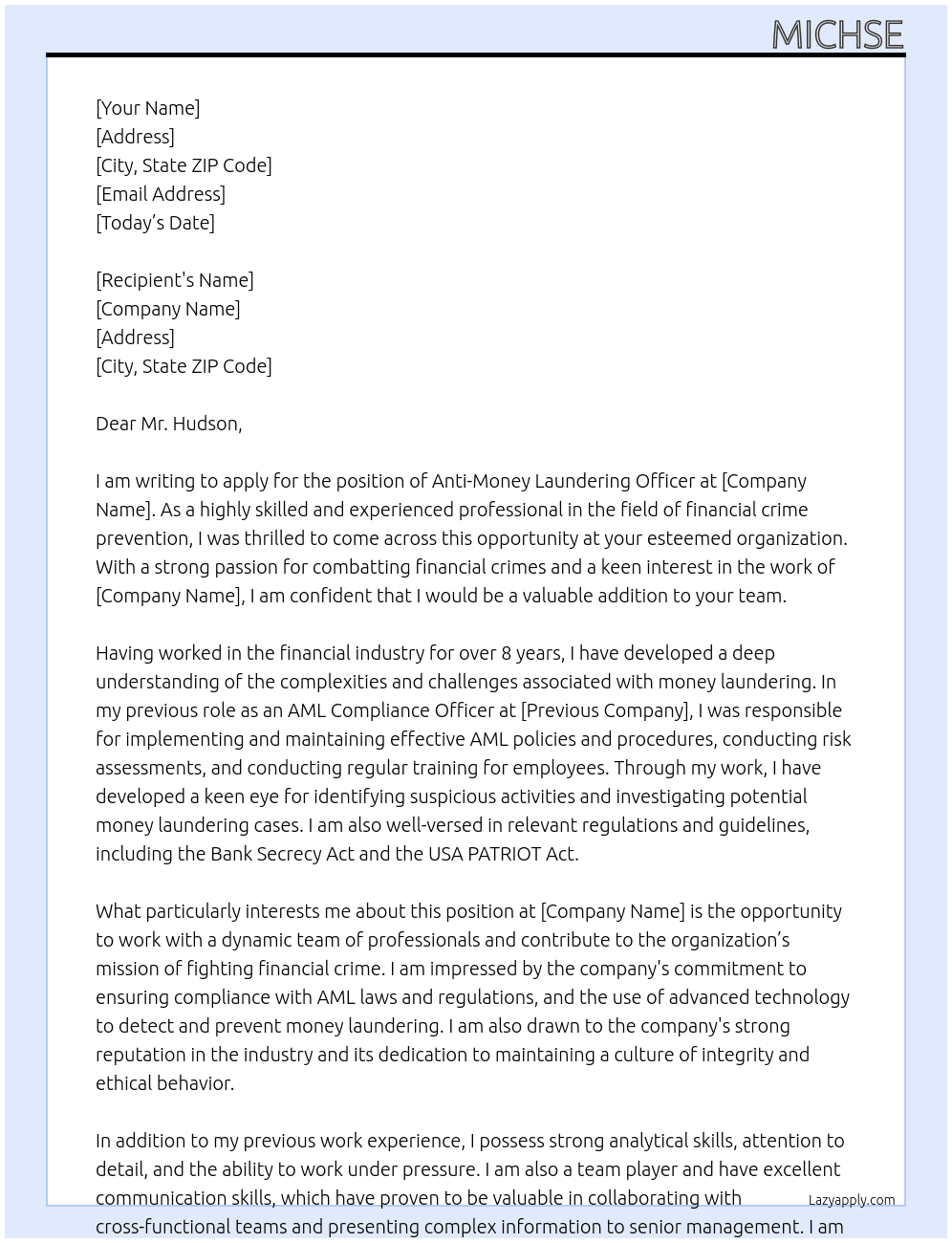 Anti-Money Laundering Officer At Anti-Money Laundering Officer Cover Letter