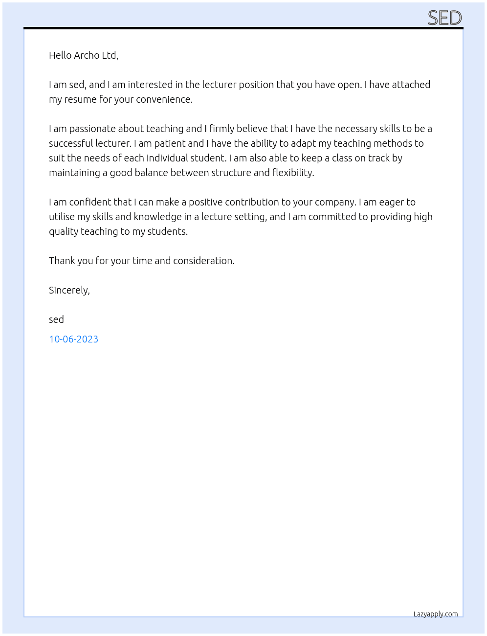 lecturer At archo ltd Cover Letter
