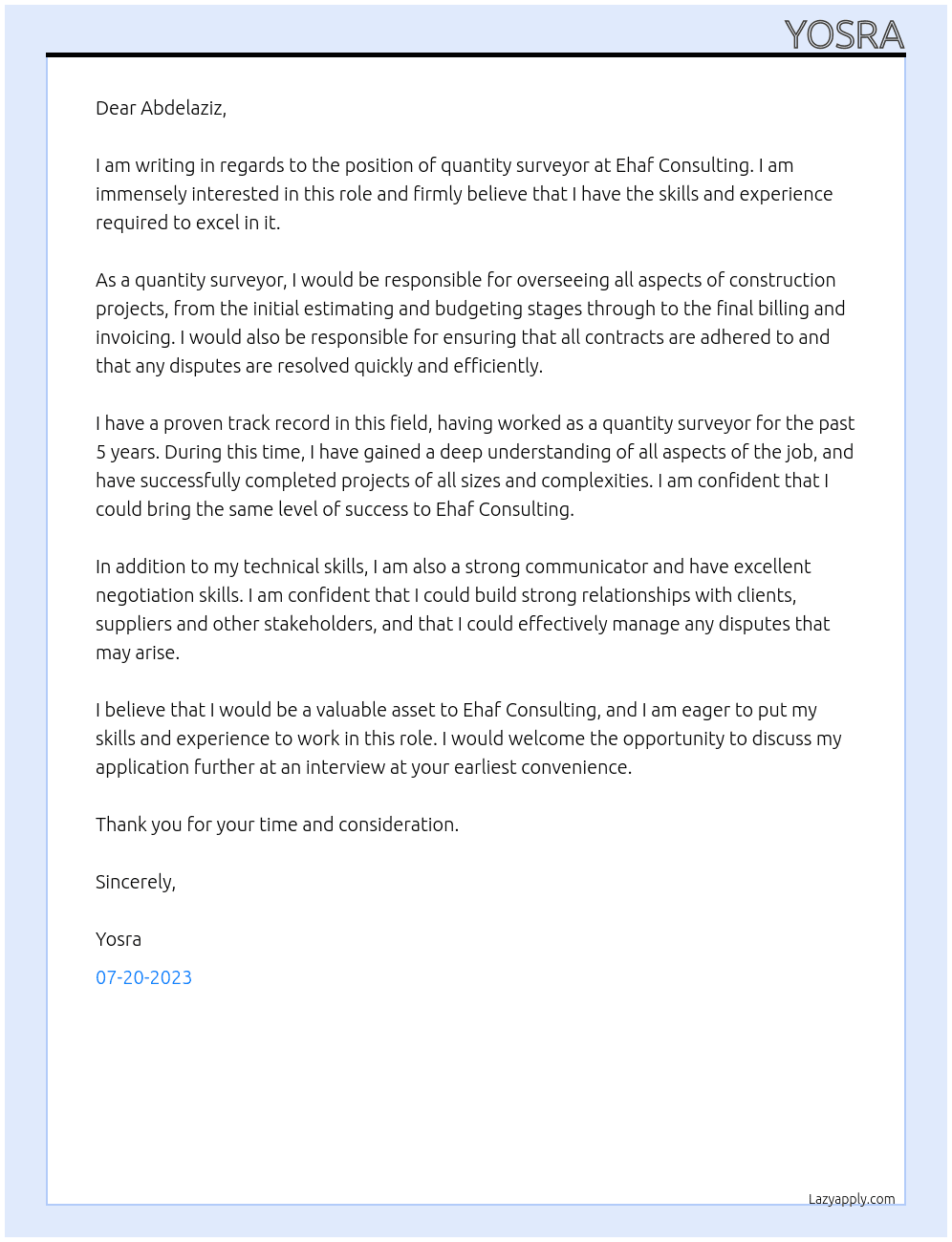 Quantity surveyor At Ehaf consulting Cover Letter