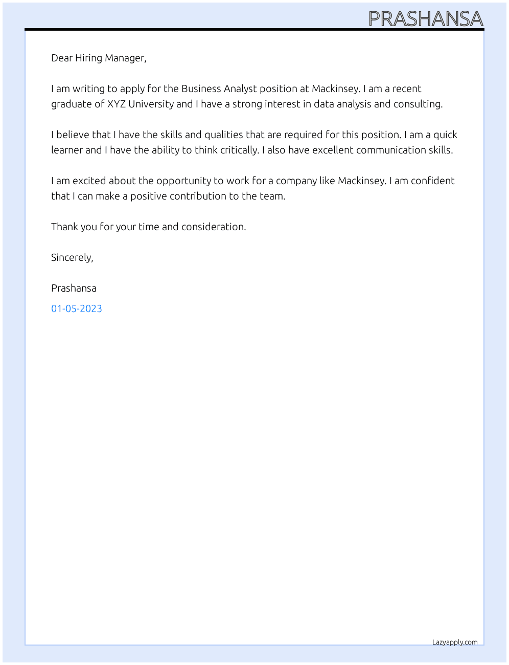 business analyst At Mackinsey Cover Letter