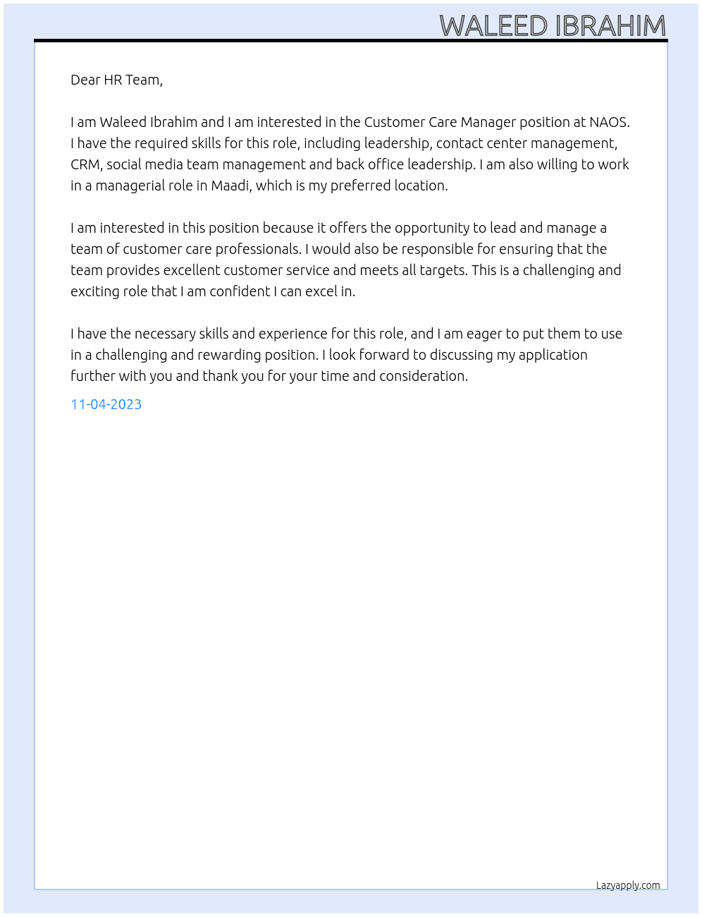 customer Care Manager At NAOS Cover Letter