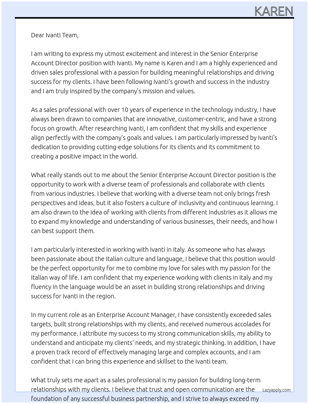 Senior Enterprise Account Director At Ivanti Cover Letter