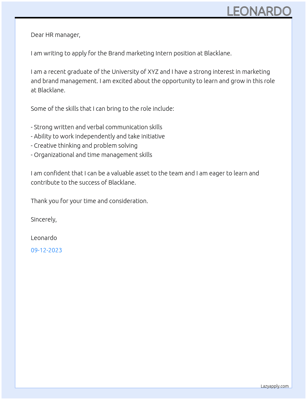 Brand marketing Intern At Blacklane Cover Letter