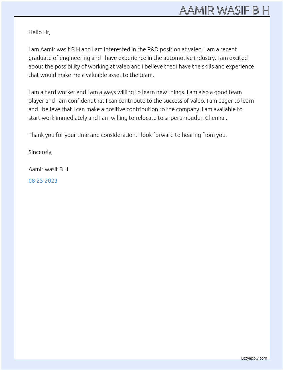 R&D  At valeo Cover Letter