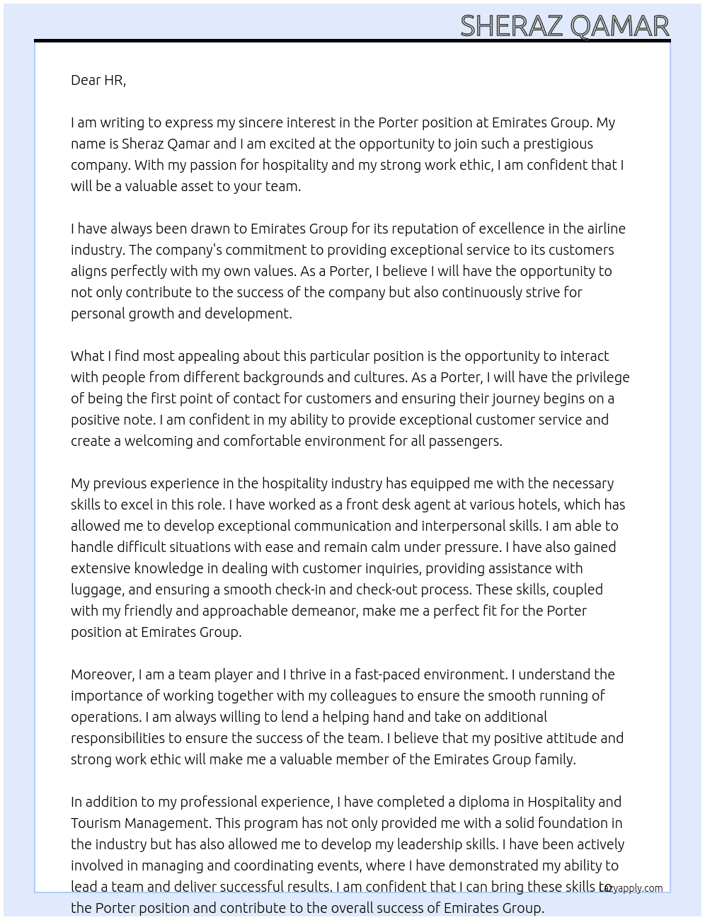Porter At Emirates group Cover Letter