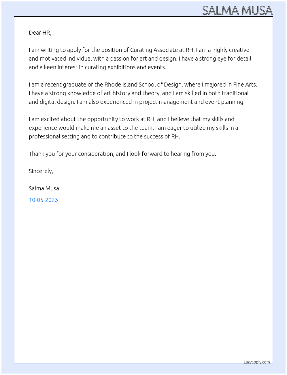 Curating Associate At RH Cover Letter