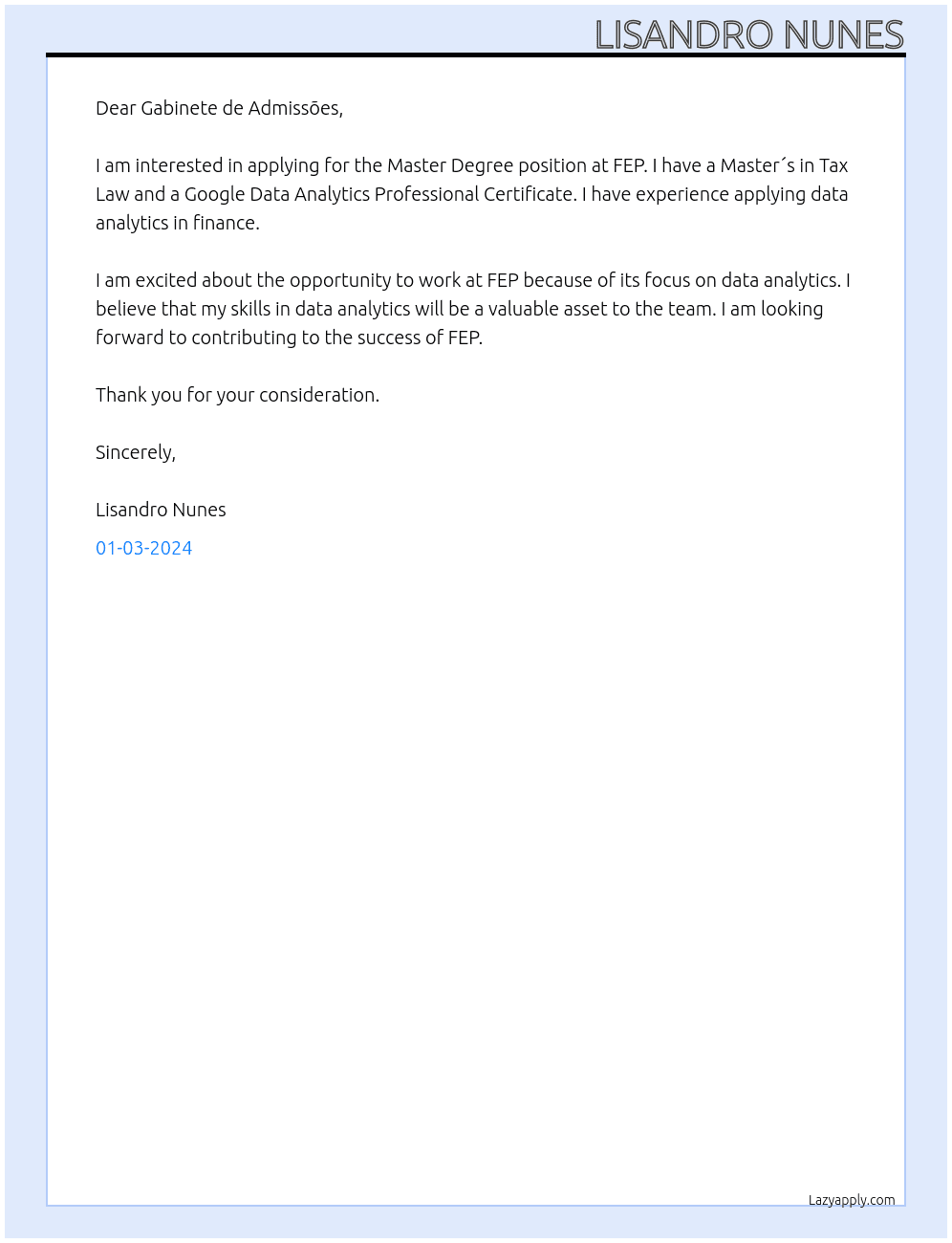 Master Degree  At FEP Cover Letter