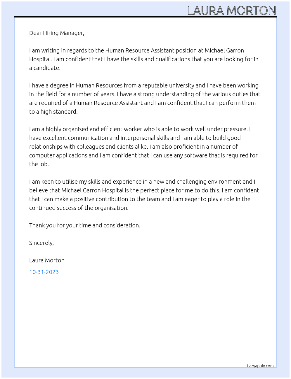 Human Resource Assistant At Michael Garron Hospital Cover Letter