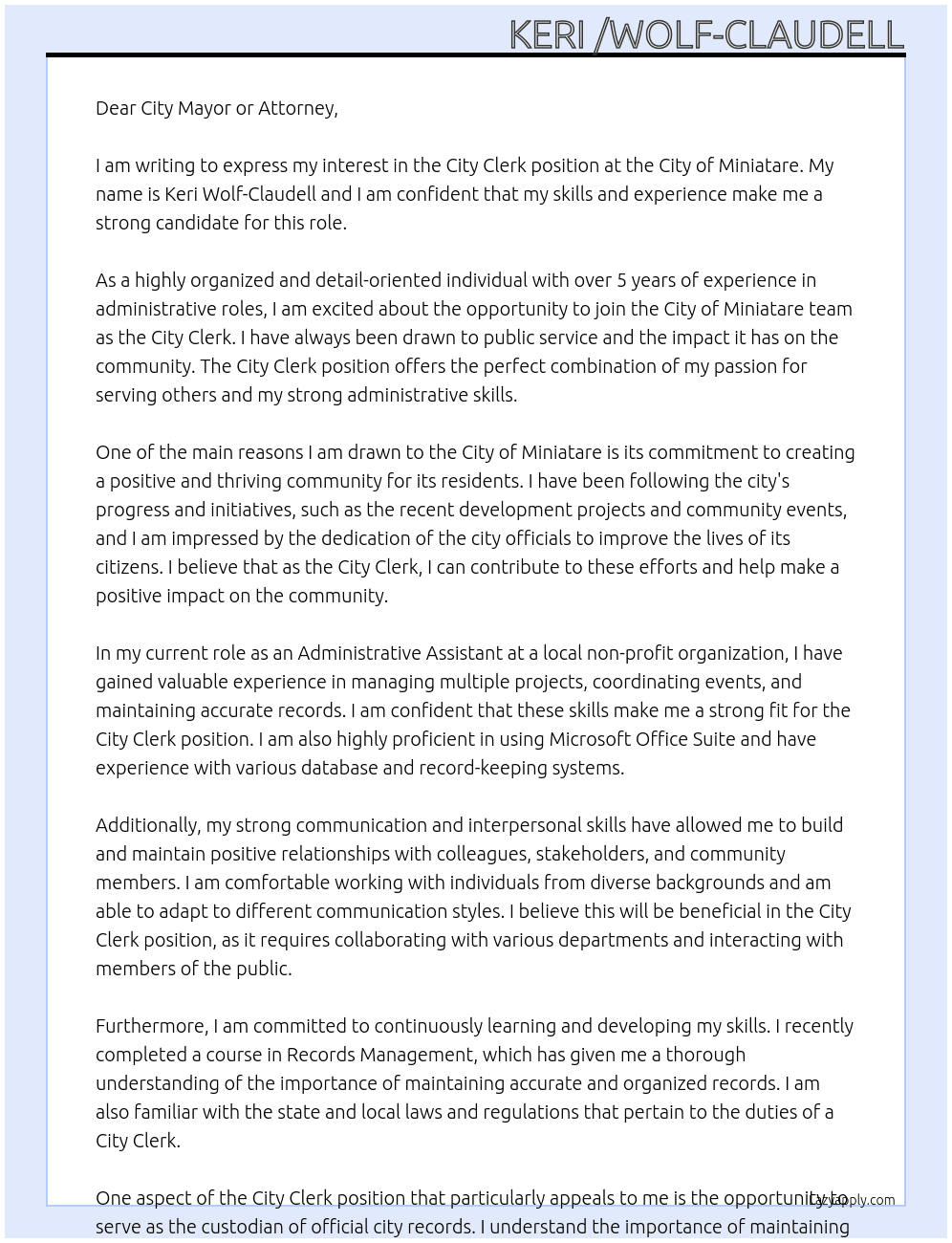City Clerk At City of Miniatare Cover Letter
