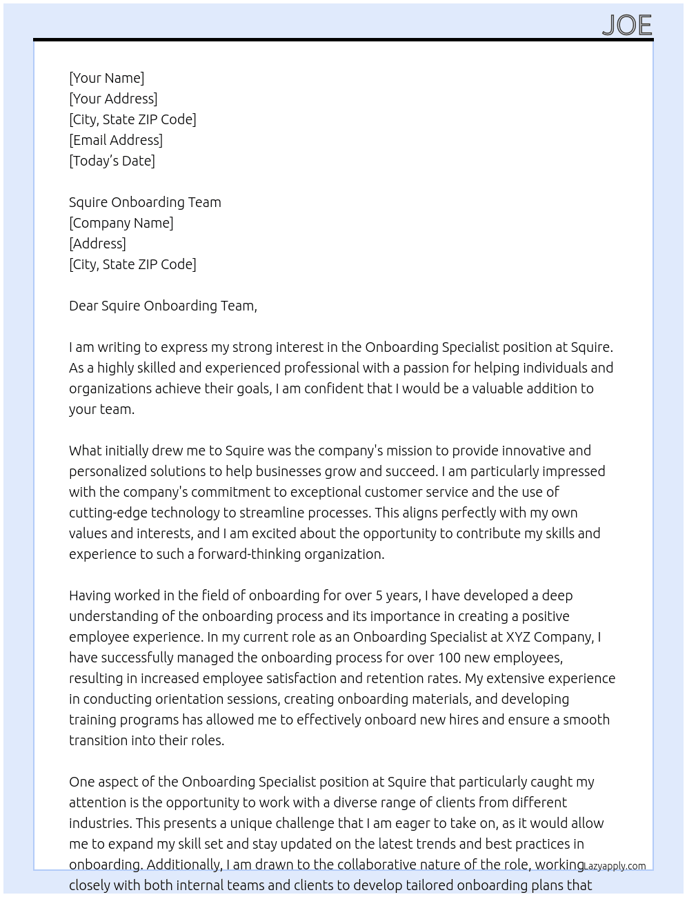 Onboarding Specialist At Squire Cover Letter