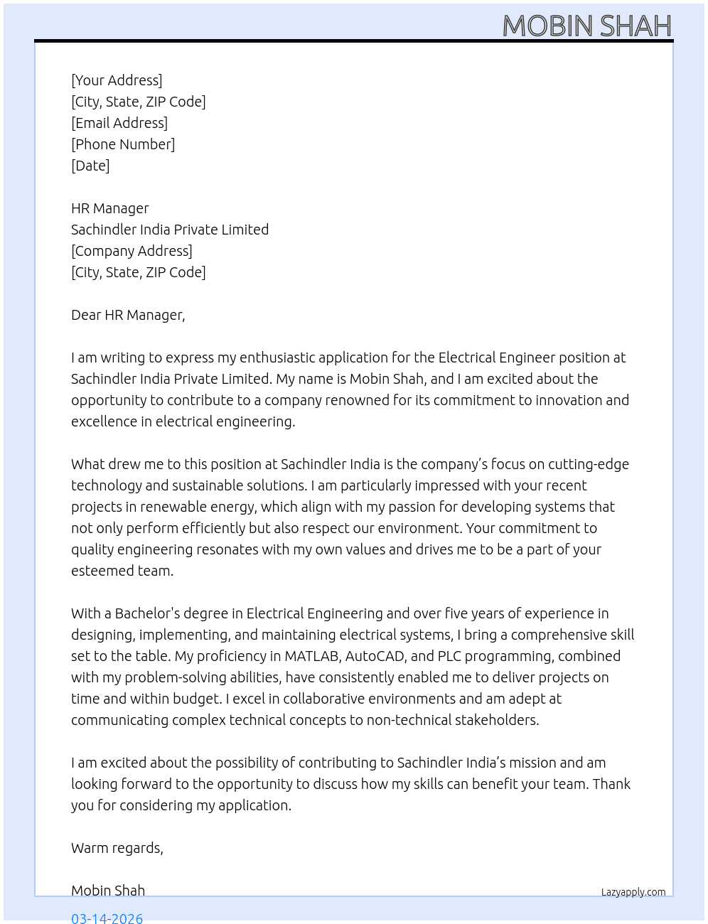 ELECTRICAL ENGINEERS  At Sachindler India Private Limited  Cover Letter