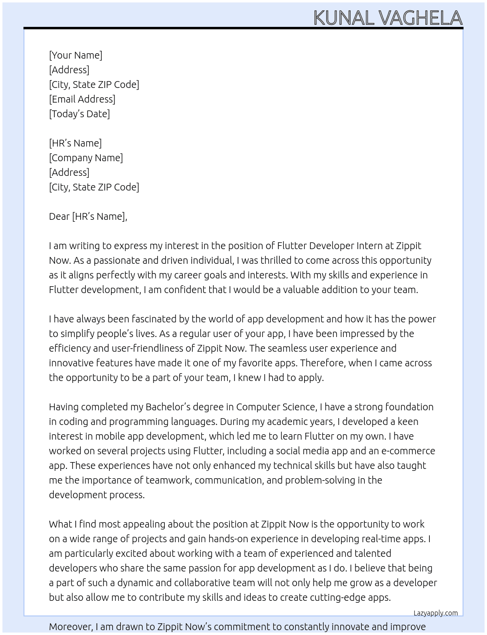 Flutter developr intern At Zippit Now Cover Letter