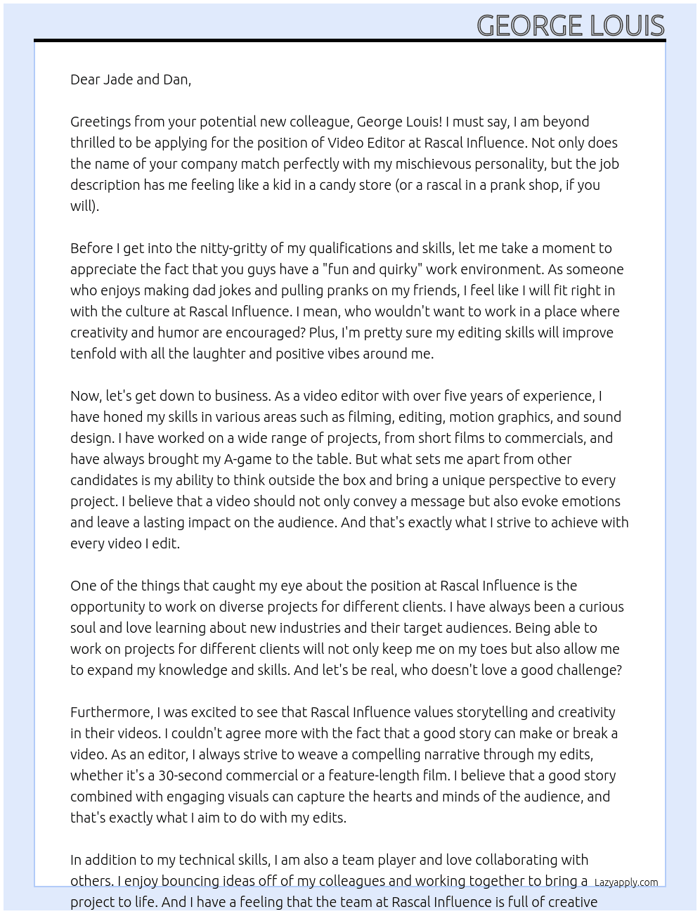 Video Editor At Rascal Influence Cover Letter