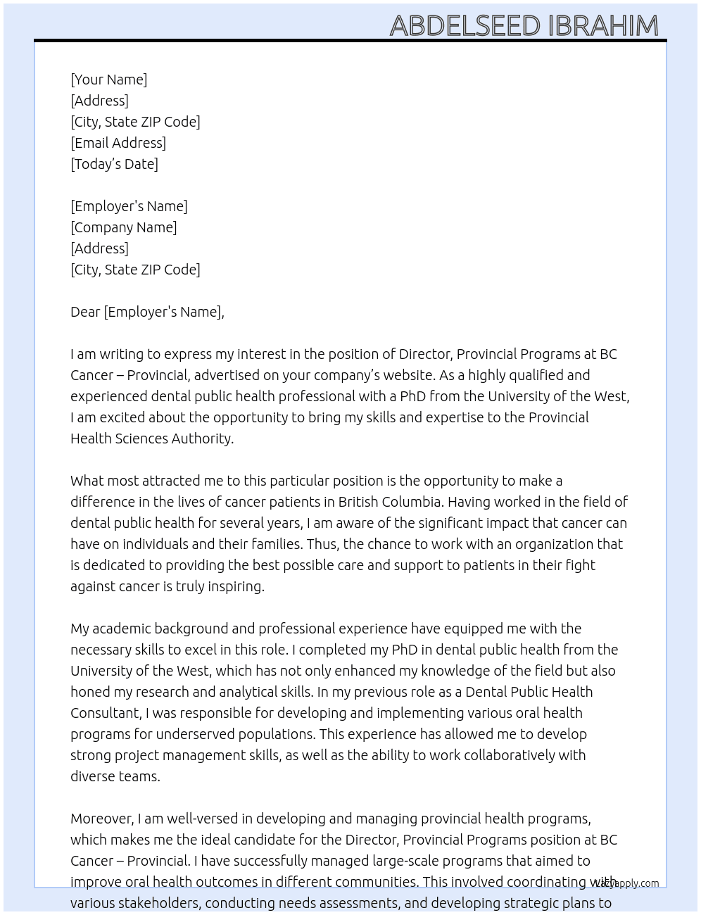 Director, Provincial Programs - BC Cancer - Provincial At Provincial Health Sciences Authority  Cover Letter