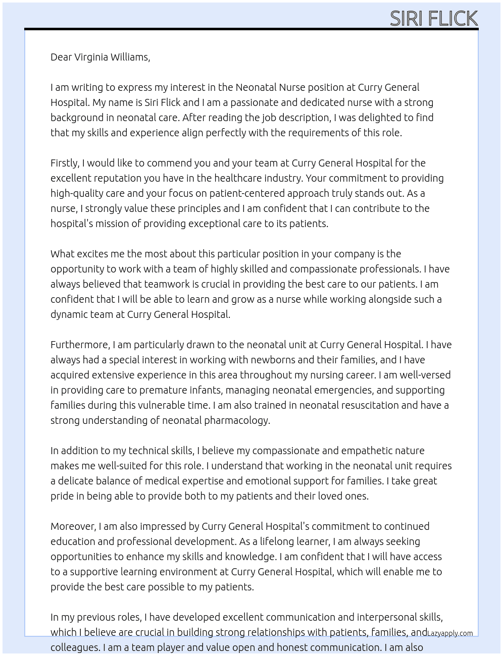Neonatal Nurse At Curry General Hospital Cover Letter