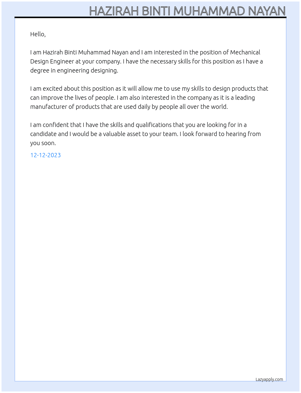 Mechanical Design Engineering At at your Company Cover Letter