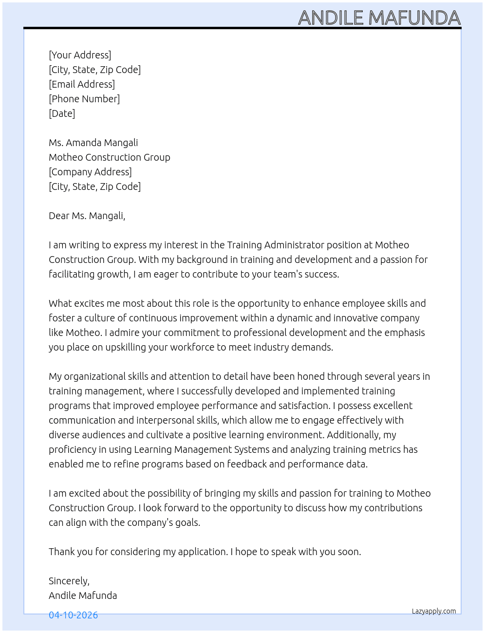 Cover letter for training administrator - LazyApply