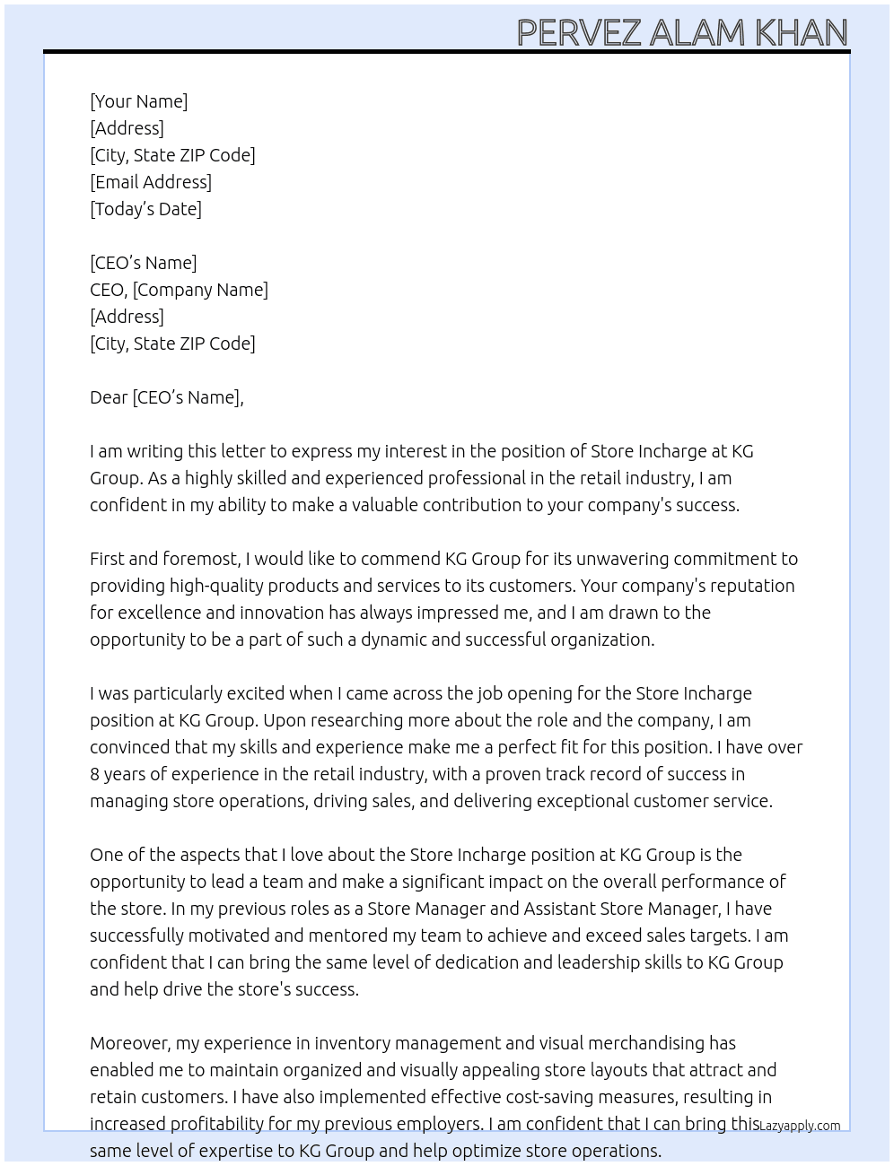 store incharge At kg group Cover Letter