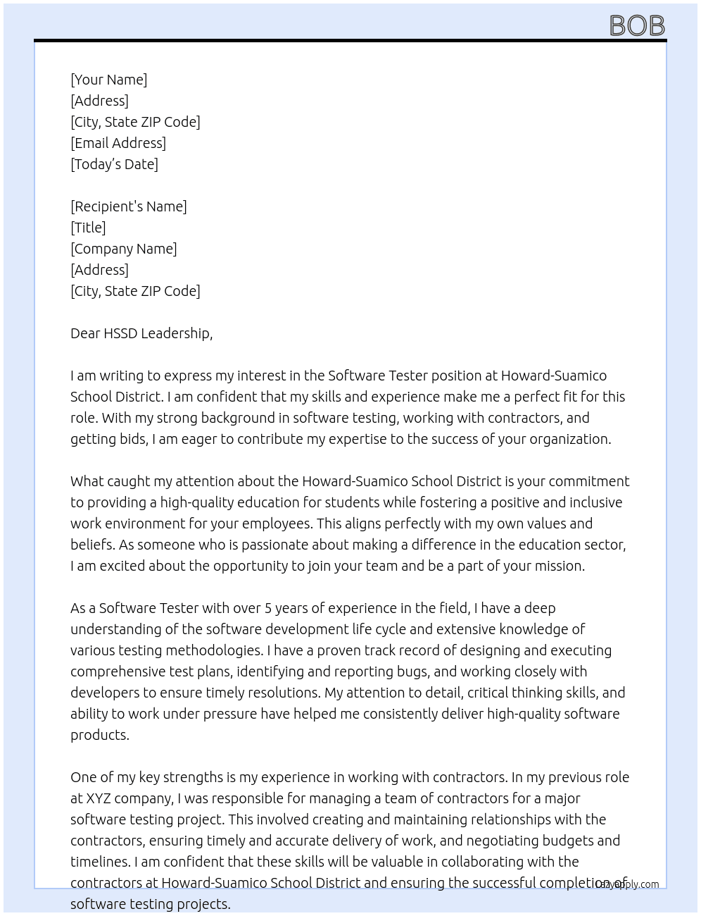 Software Tester At Howard-Suamico School District Cover Letter