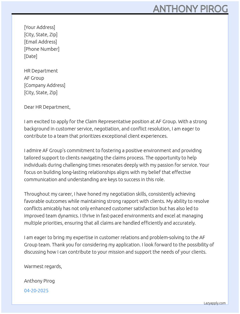 Cover letter for claim representative - LazyApply