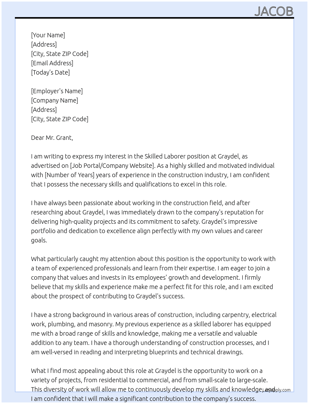 Skilled laborer At Graydel  Cover Letter