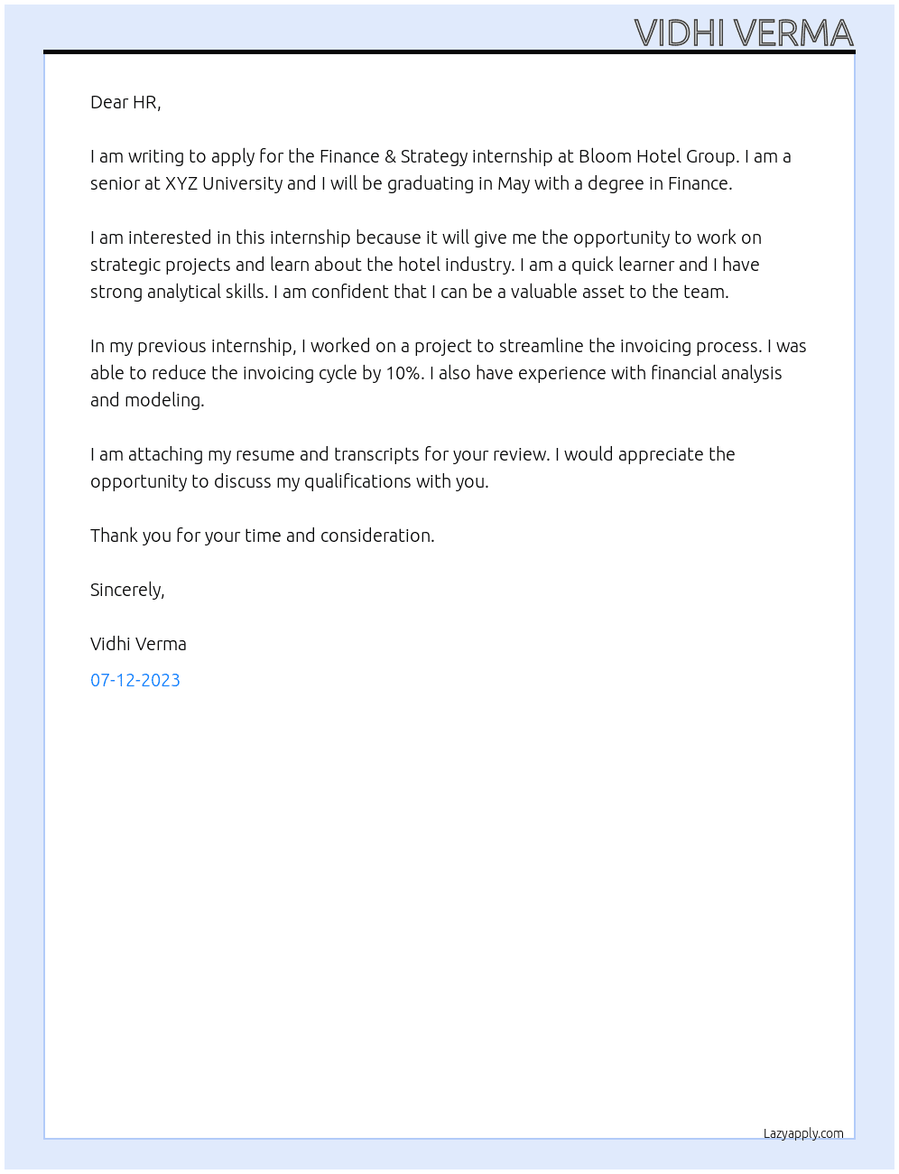 Finance & Strategy internship At Bloom Hotel Group Cover Letter