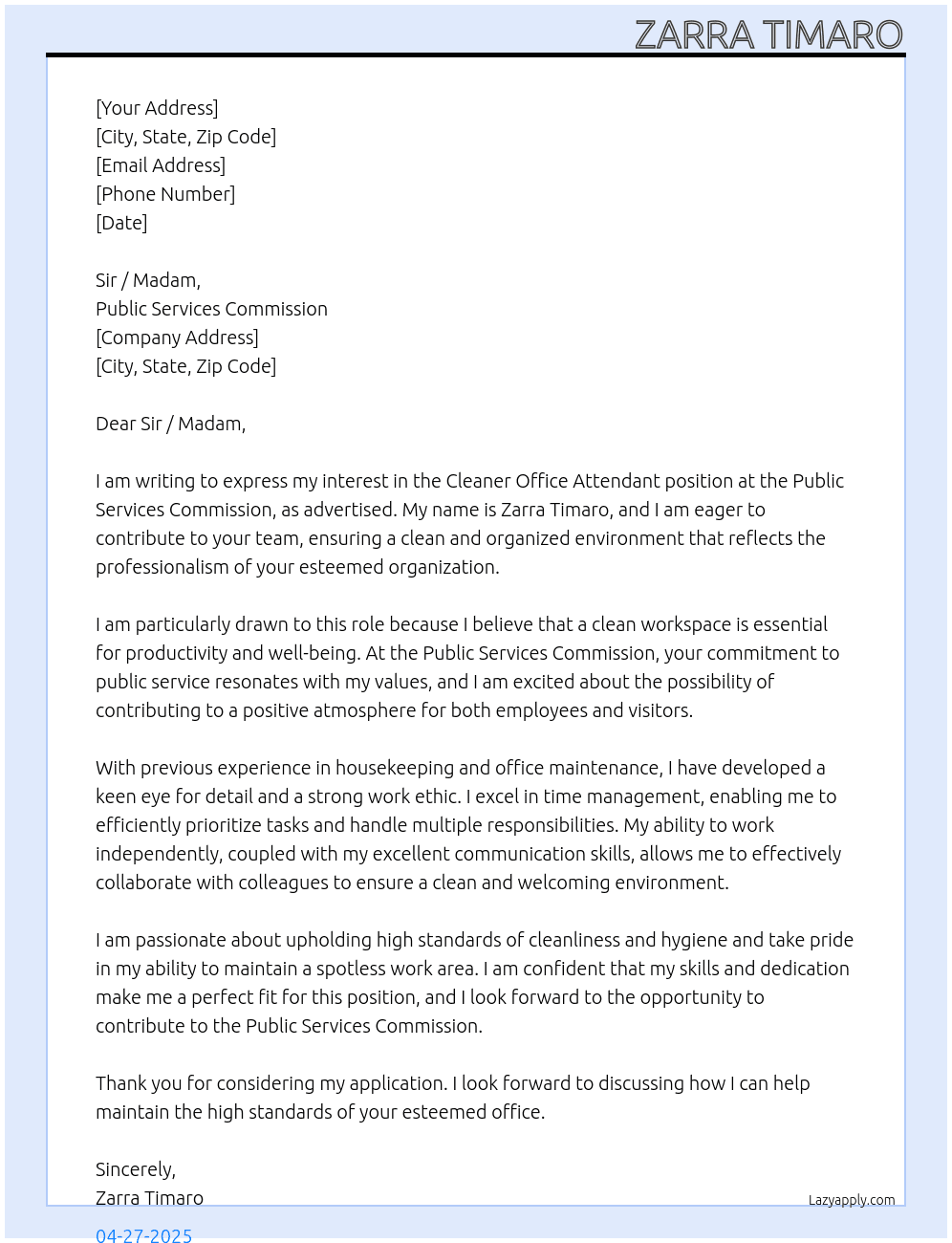 Cover letter for comcs - cleaner office attendent - LazyApply