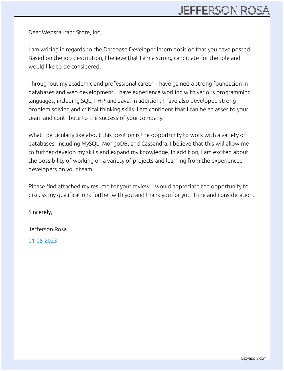 Database Developer Intern At Webstaurant Store, Inc. Cover Letter