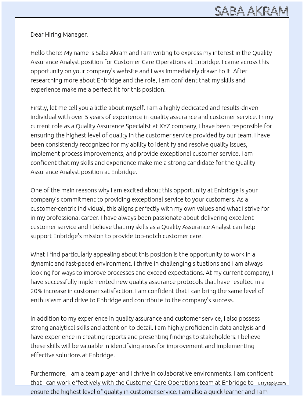 Quality Assurance Analyst, Customer Care Operations At Enbridge Cover Letter