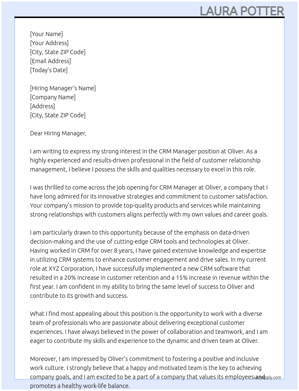 CRM Manager At Oliver Cover Letter