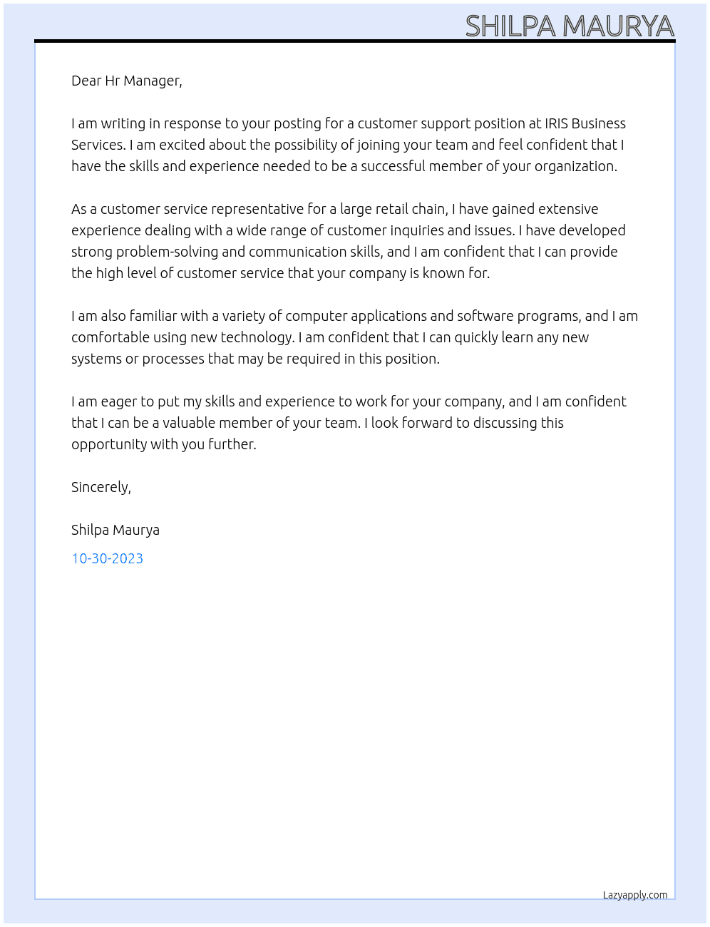 Customer Support At IRIS Business Services Cover Letter
