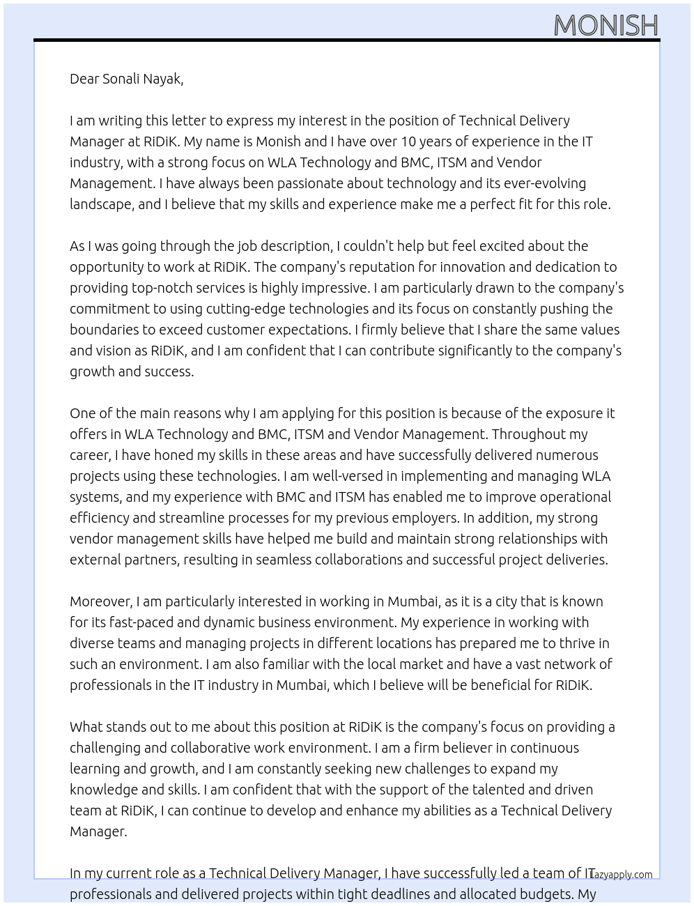Technical Delivery Manager  At RiDiK Cover Letter