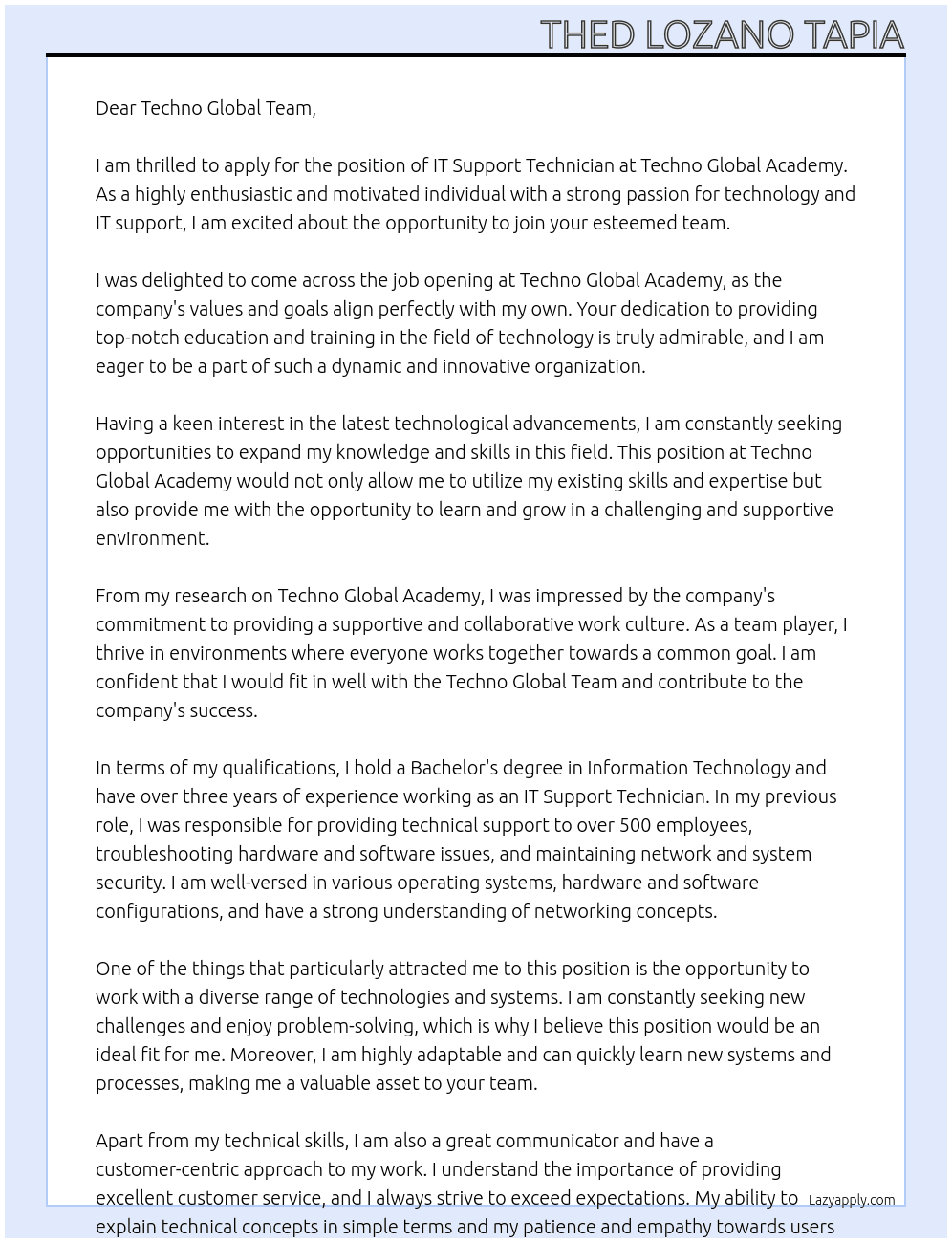 IT Support Technician At Techno Global Academy Cover Letter