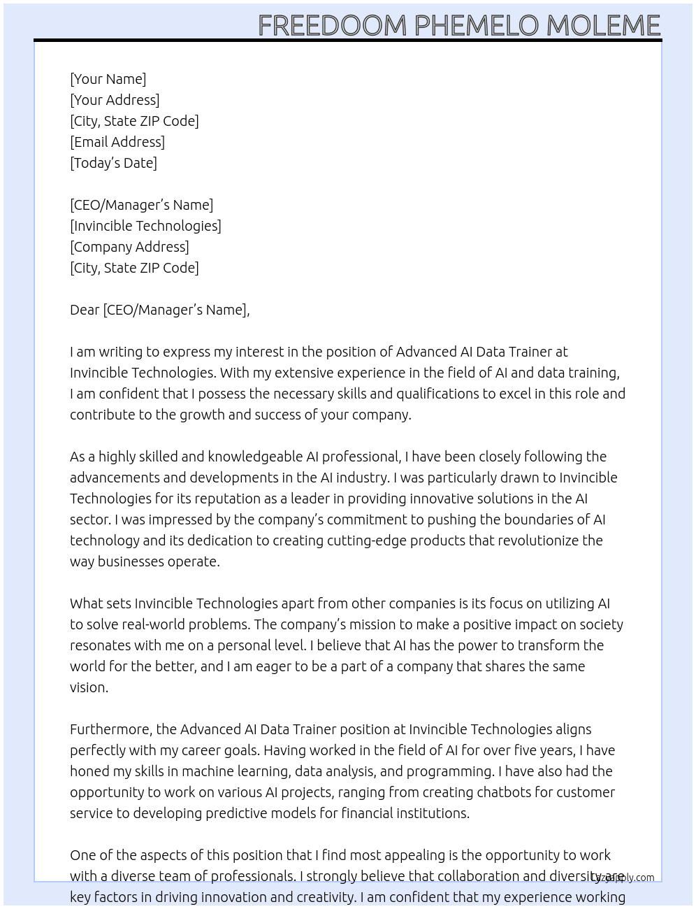 advanced ai data trainer At Invincible Technologies Cover Letter