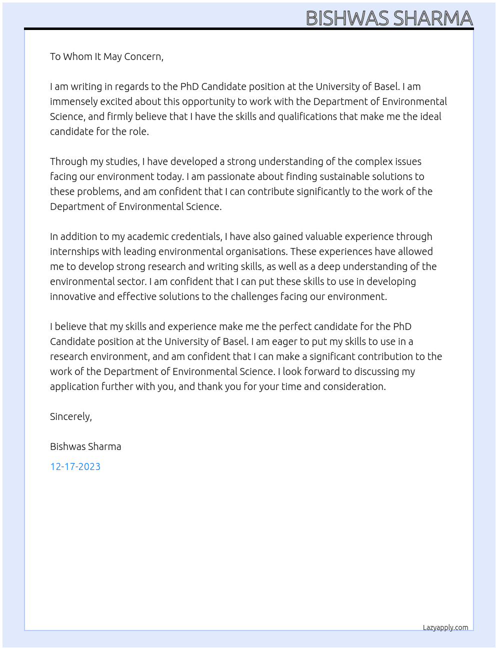 PhD Candidate At University of Basel Cover Letter