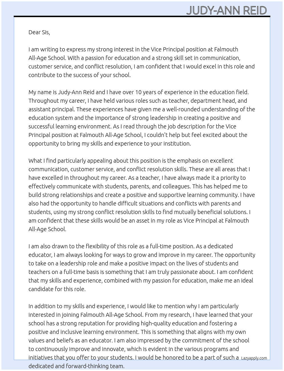 vice principal At Falmouth All-Age School Cover Letter