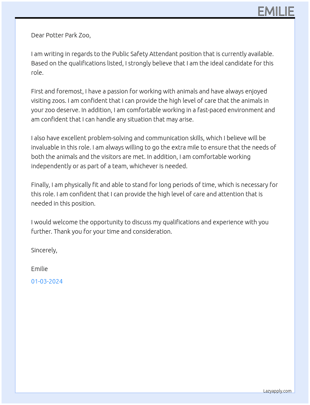 Public Safety Attendant At Potter Park Zoo Cover Letter