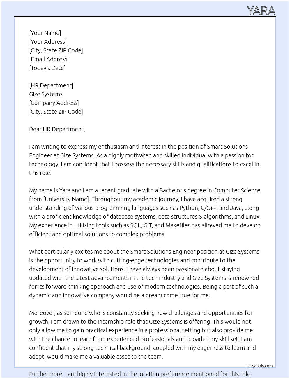 Smart Solutions Engineer At Gize Systems Cover Letter