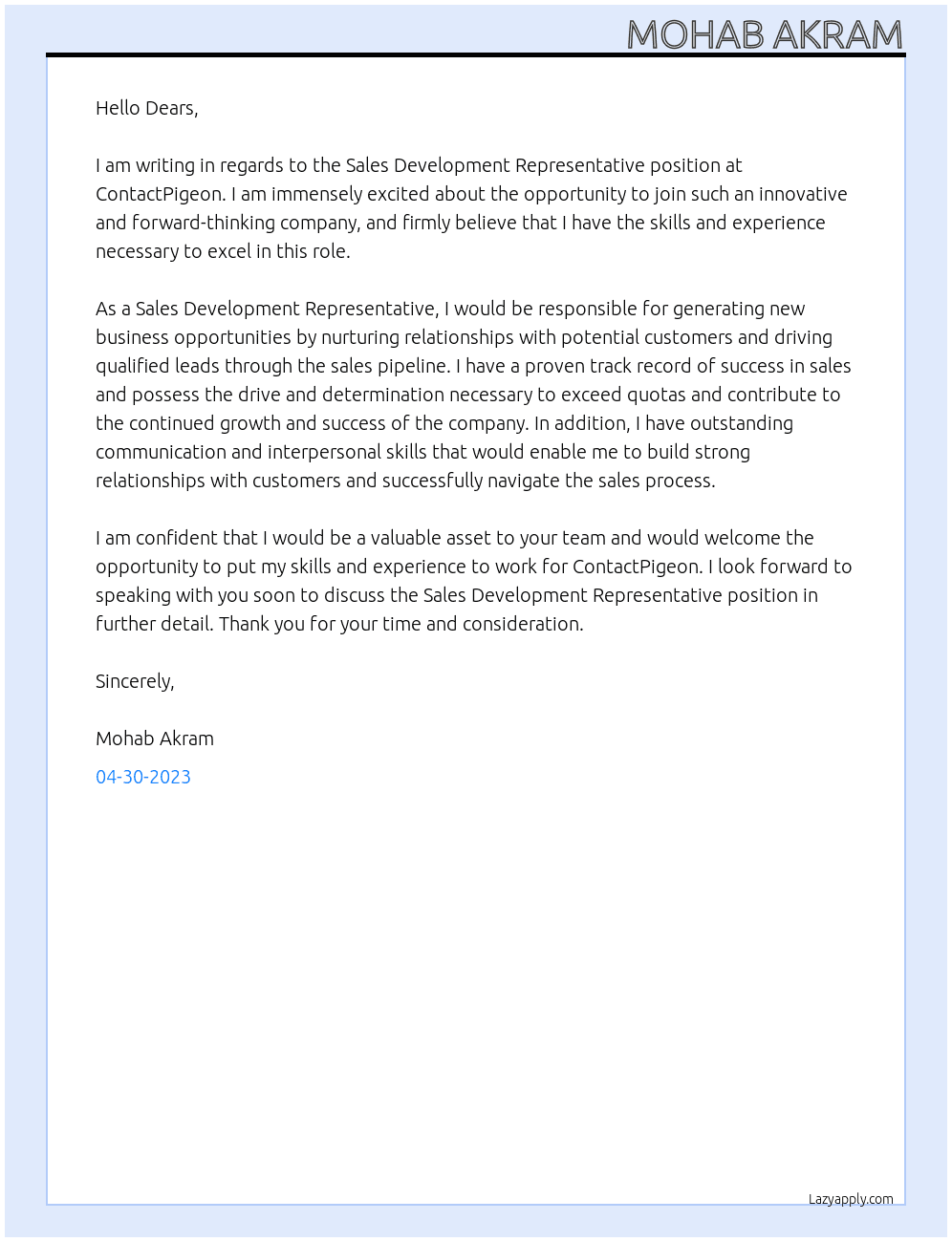 Sales development representative At ContactPigeon Cover Letter