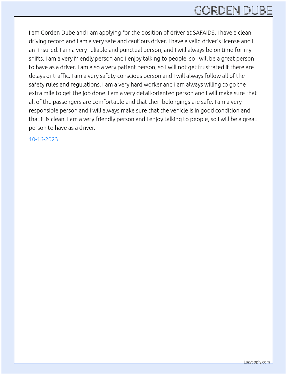 driver At SAFAIDS Cover Letter