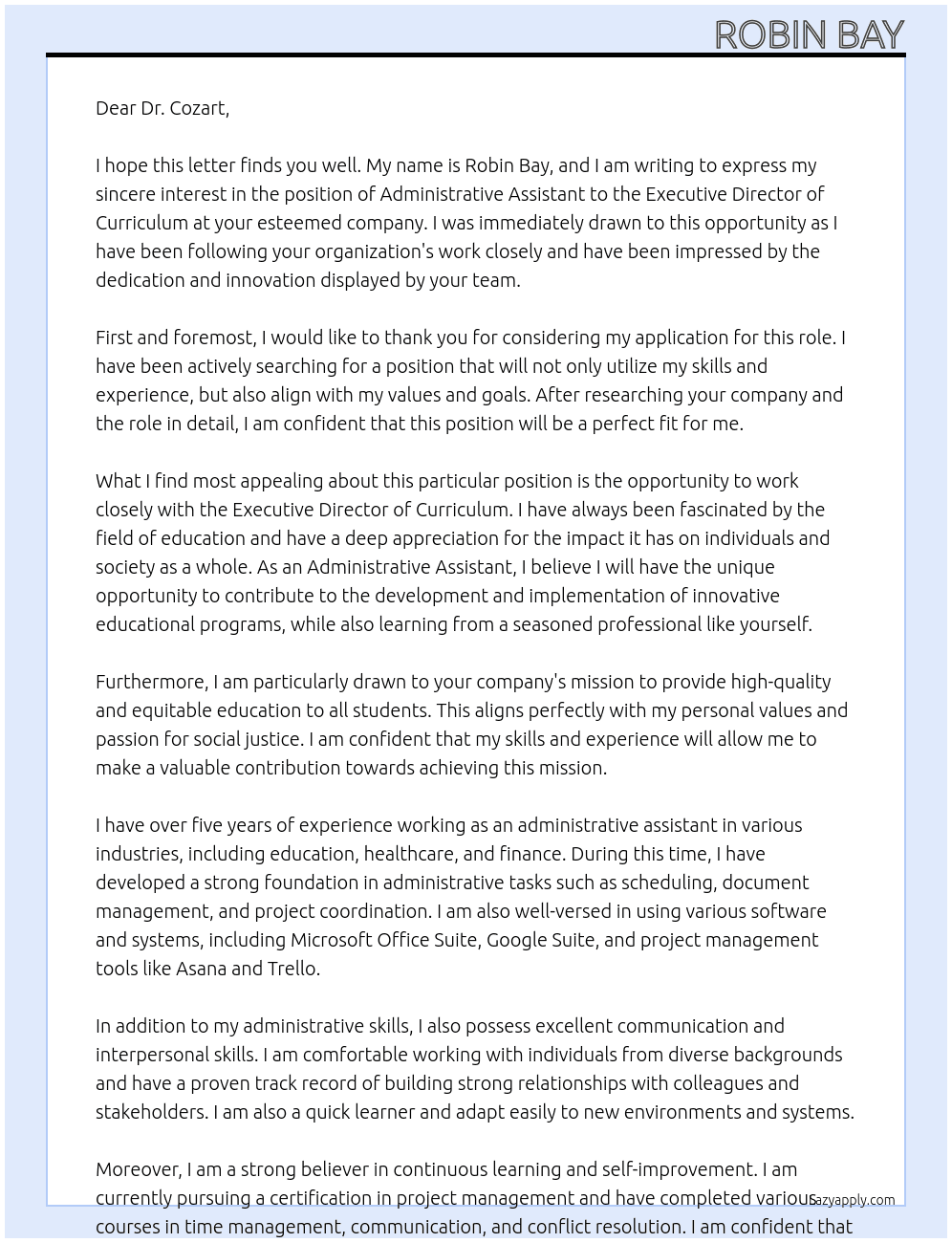 Administrative Assistant At Administrative Assistant to the Executive Director of Curriculumn  Cover Letter