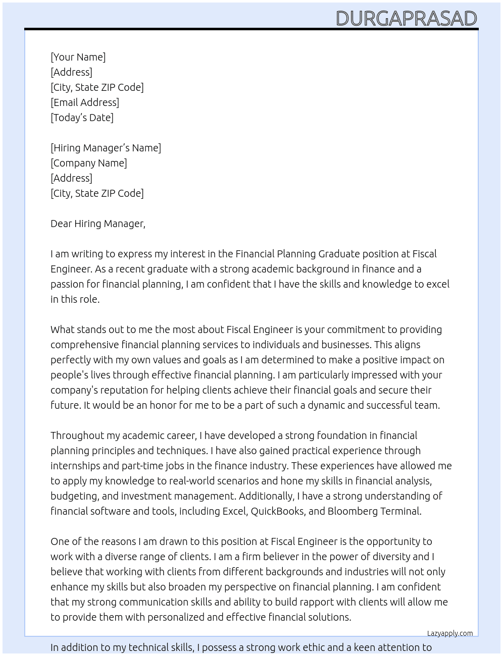 Finanacial planning Graduate At Fiscal Engineer Cover Letter
