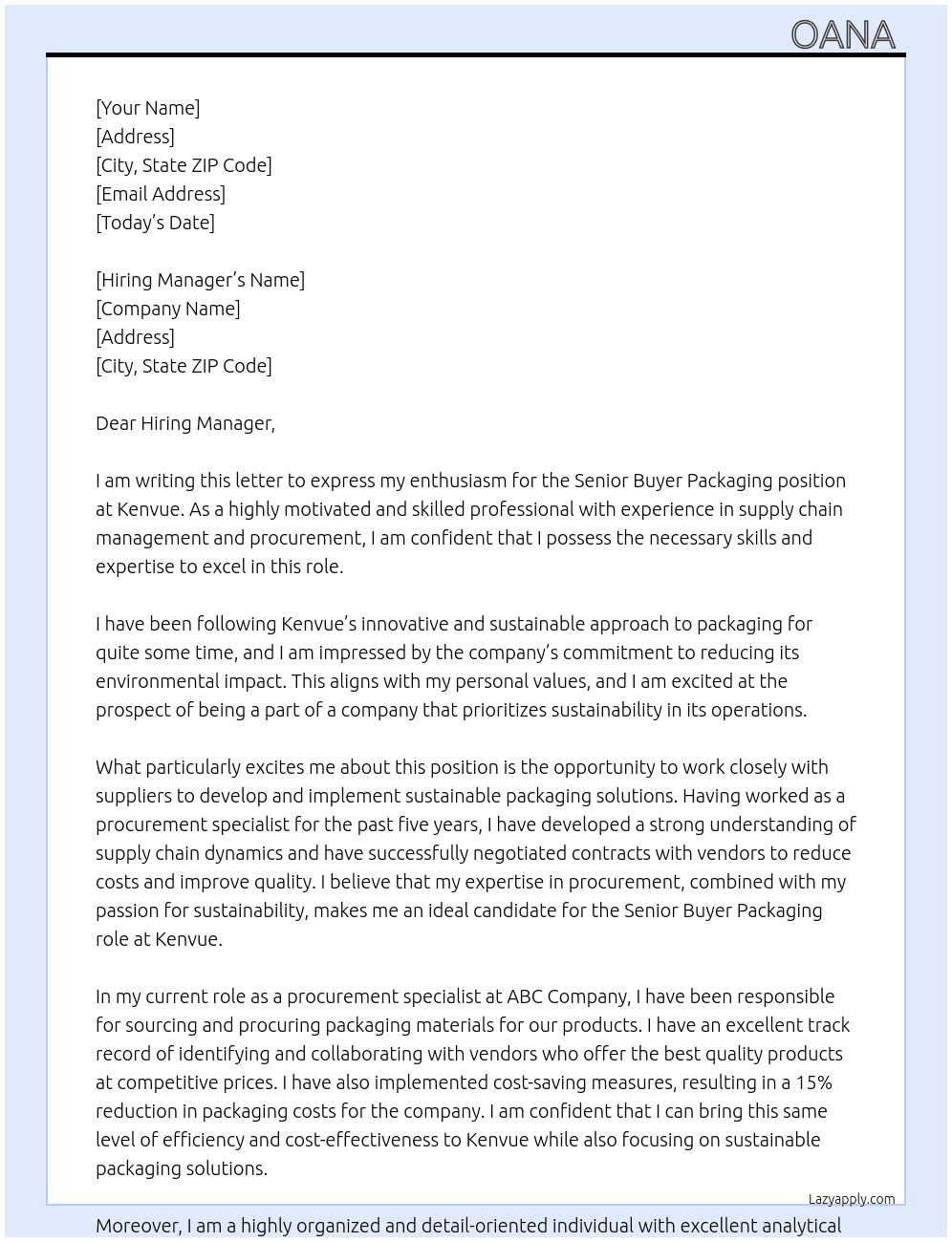 senior buyer packaging At Kenvue Cover Letter