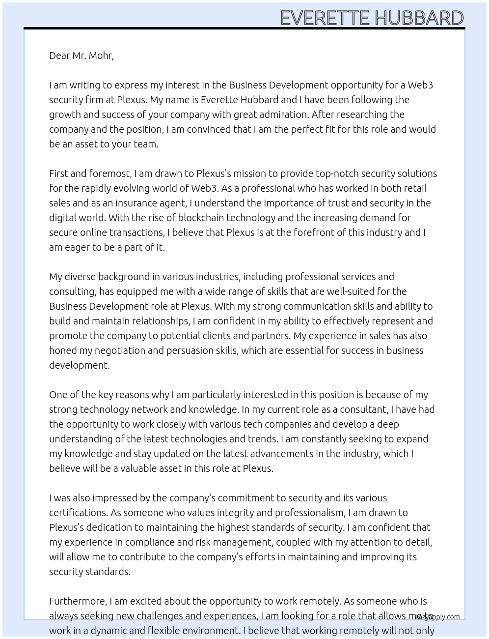 Business Development opportunity for Web3 security firm At Plexus Cover Letter